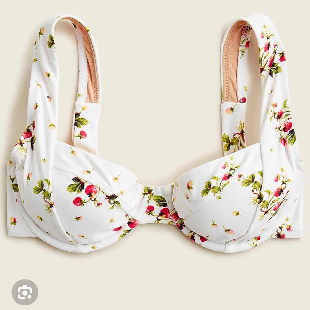 NWT J. Crew White Strawberry Floral Underwire Bikini Top WITH CROSSBACK. 34B.